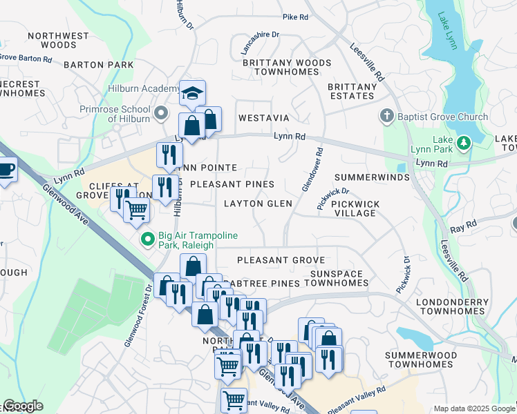 map of restaurants, bars, coffee shops, grocery stores, and more near 6608 Hammersmith Drive in Raleigh