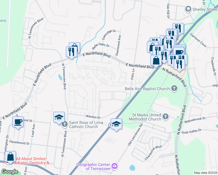 map of restaurants, bars, coffee shops, grocery stores, and more near 1576 Chariot Drive in Murfreesboro
