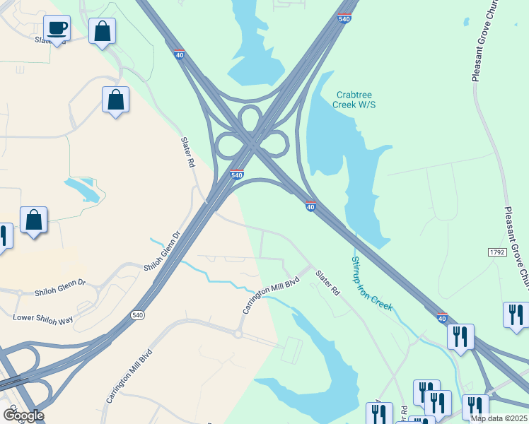 map of restaurants, bars, coffee shops, grocery stores, and more near 710 Slater Road in Morrisville