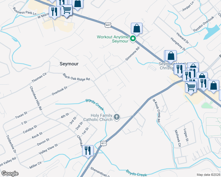 map of restaurants, bars, coffee shops, grocery stores, and more near 410 Black Oak Ridge Road in Seymour