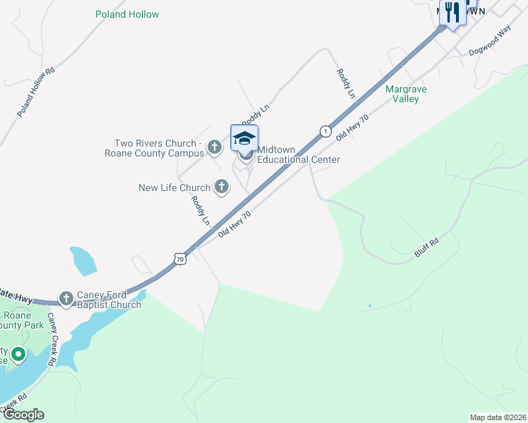 map of restaurants, bars, coffee shops, grocery stores, and more near 753 Old Highway 70 in Harriman