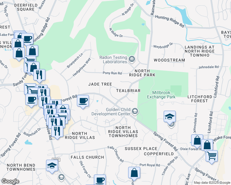 map of restaurants, bars, coffee shops, grocery stores, and more near 6605 Champaign Place in Raleigh