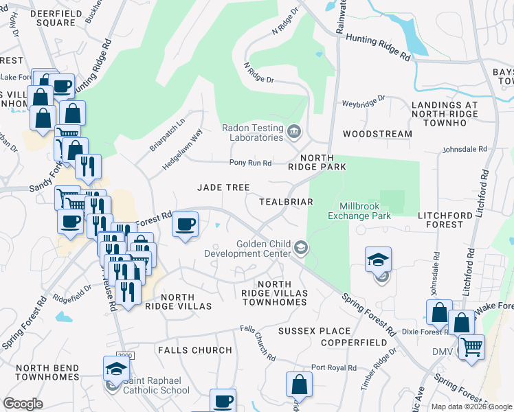 map of restaurants, bars, coffee shops, grocery stores, and more near 6605 Champaign Place in Raleigh