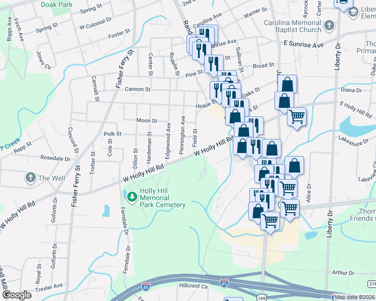 map of restaurants, bars, coffee shops, grocery stores, and more near 202 W Holly Hill Rd in Thomasville