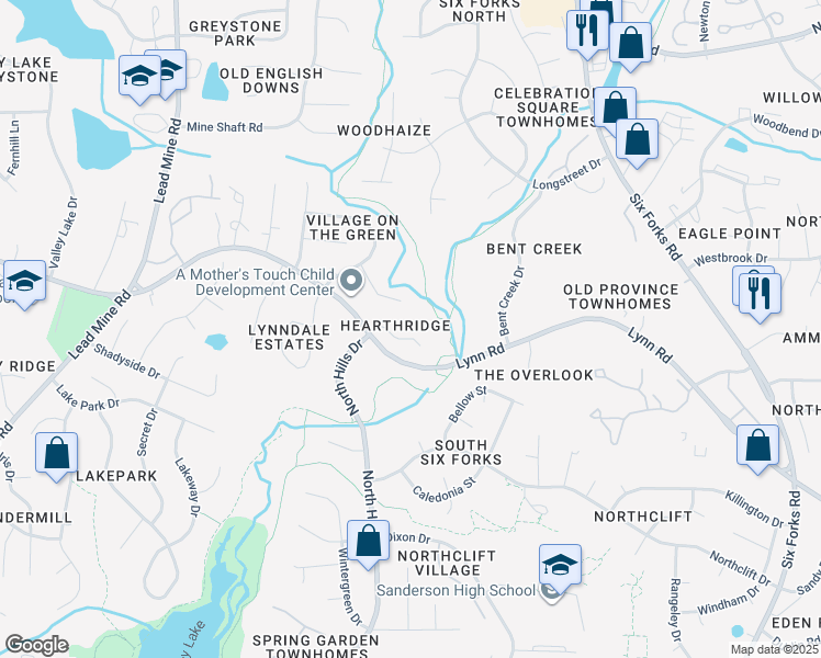 map of restaurants, bars, coffee shops, grocery stores, and more near 916 Hearthridge Court in Raleigh