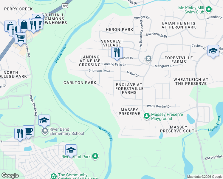 map of restaurants, bars, coffee shops, grocery stores, and more near 3605 Massey Ridge Court in Raleigh