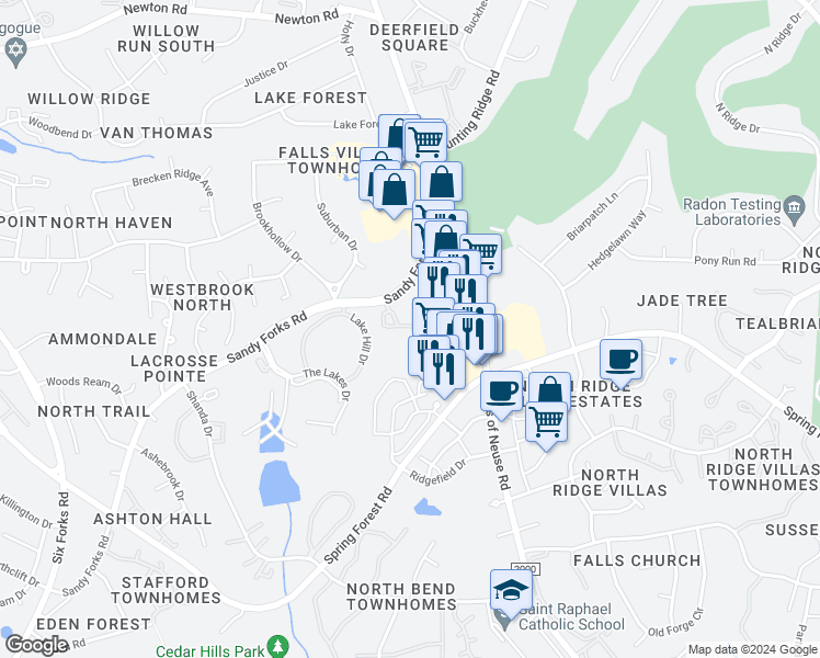 map of restaurants, bars, coffee shops, grocery stores, and more near 7030 Sandy Forks Road in Raleigh