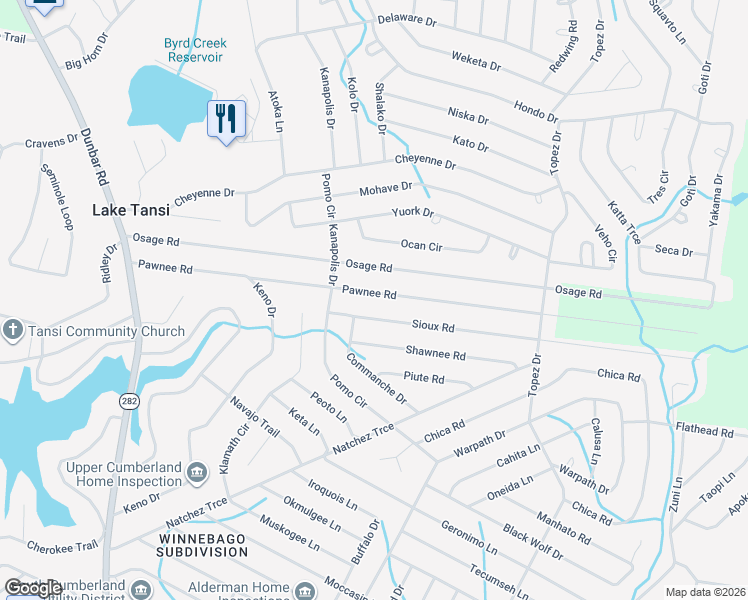 map of restaurants, bars, coffee shops, grocery stores, and more near 5212 Pawnee Road in Crossville