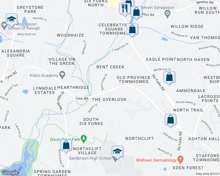 map of restaurants, bars, coffee shops, grocery stores, and more near 729 Benchmark Drive in Raleigh