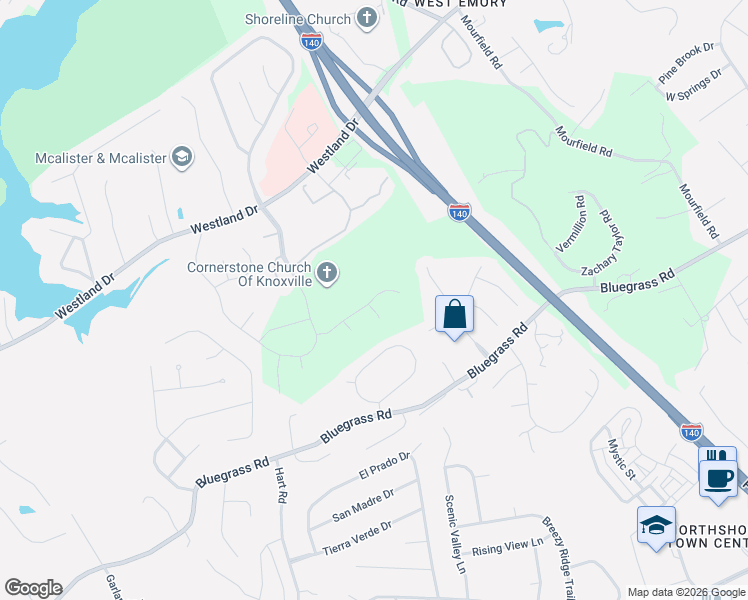 map of restaurants, bars, coffee shops, grocery stores, and more near 9932 Crestline Drive in Knoxville