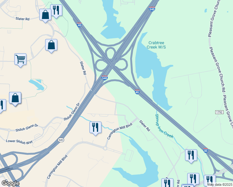 map of restaurants, bars, coffee shops, grocery stores, and more near 710 Slater Road in Morrisville