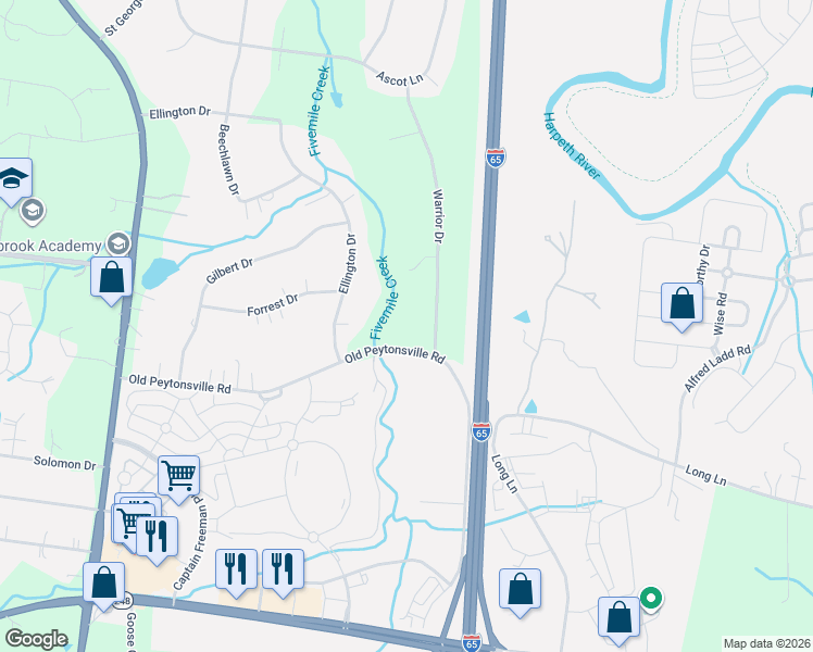 map of restaurants, bars, coffee shops, grocery stores, and more near 1107 Warrior Drive in Franklin