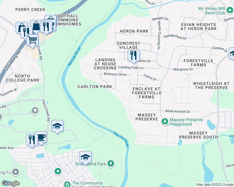 map of restaurants, bars, coffee shops, grocery stores, and more near 3501 Landshire View Lane in Raleigh