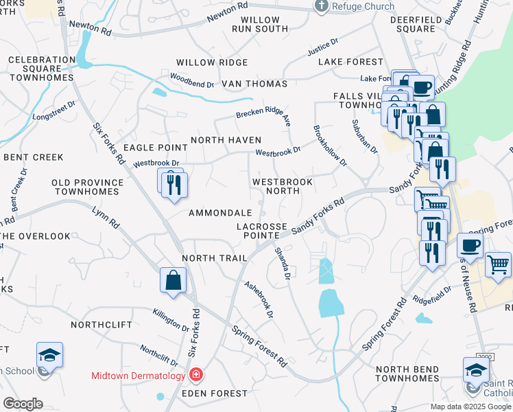 map of restaurants, bars, coffee shops, grocery stores, and more near 6605 Arbor Grande Way in Raleigh