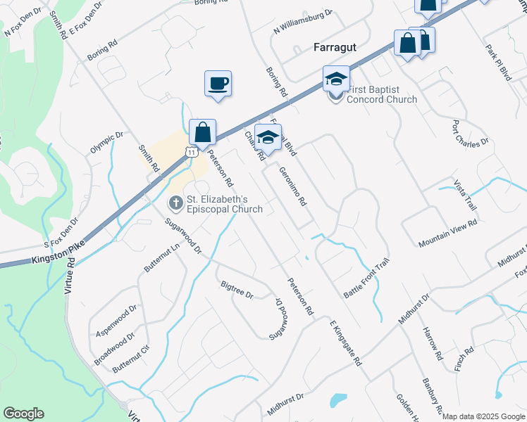 map of restaurants, bars, coffee shops, grocery stores, and more near 11800 Corto Lane in Knoxville