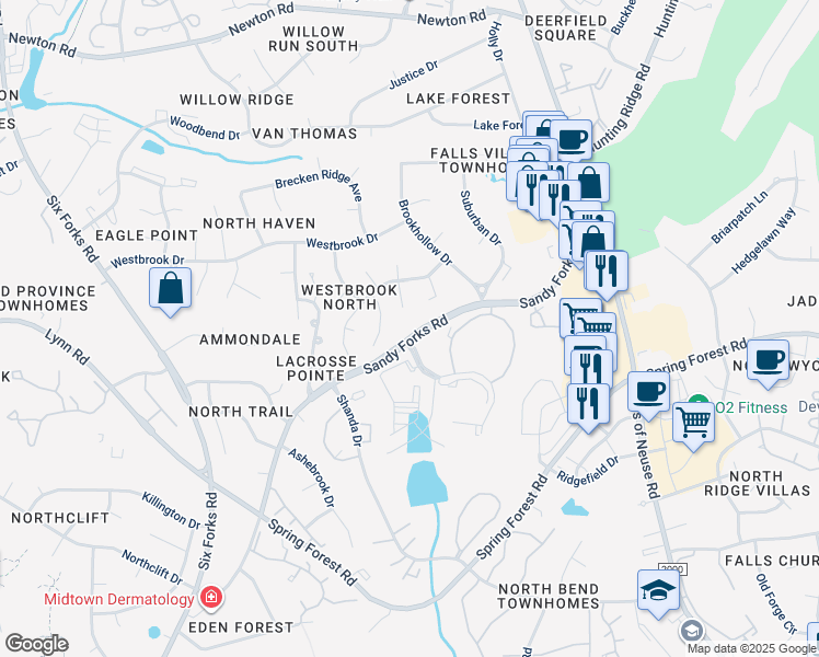map of restaurants, bars, coffee shops, grocery stores, and more near 6805 Sandy Forks Road in Raleigh
