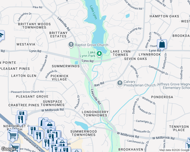 map of restaurants, bars, coffee shops, grocery stores, and more near 204 Oak Hollow Court in Raleigh