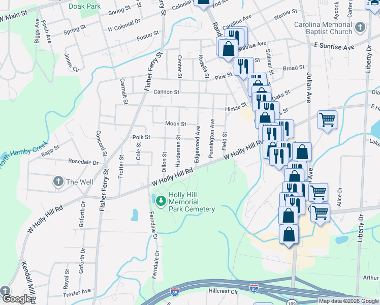 map of restaurants, bars, coffee shops, grocery stores, and more near 709 Hardeman Street in Thomasville