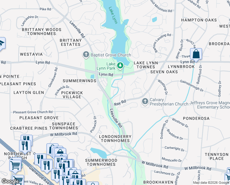 map of restaurants, bars, coffee shops, grocery stores, and more near 204 Oak Hollow Court in Raleigh