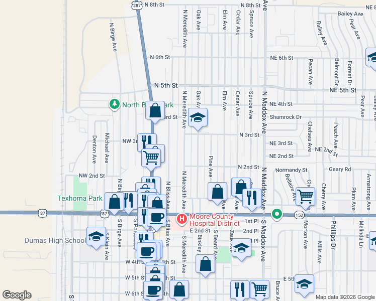 map of restaurants, bars, coffee shops, grocery stores, and more near 200-298 North Meredith Avenue in Dumas
