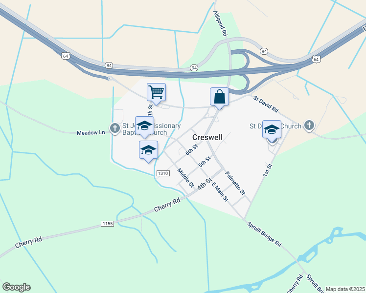 map of restaurants, bars, coffee shops, grocery stores, and more near State Road 1142 in Creswell