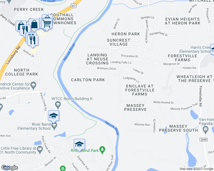 map of restaurants, bars, coffee shops, grocery stores, and more near 3507 Landshire View Lane in Raleigh