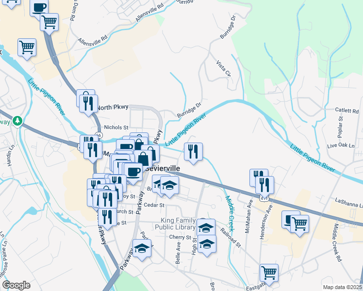 map of restaurants, bars, coffee shops, grocery stores, and more near in Pigeon Forge