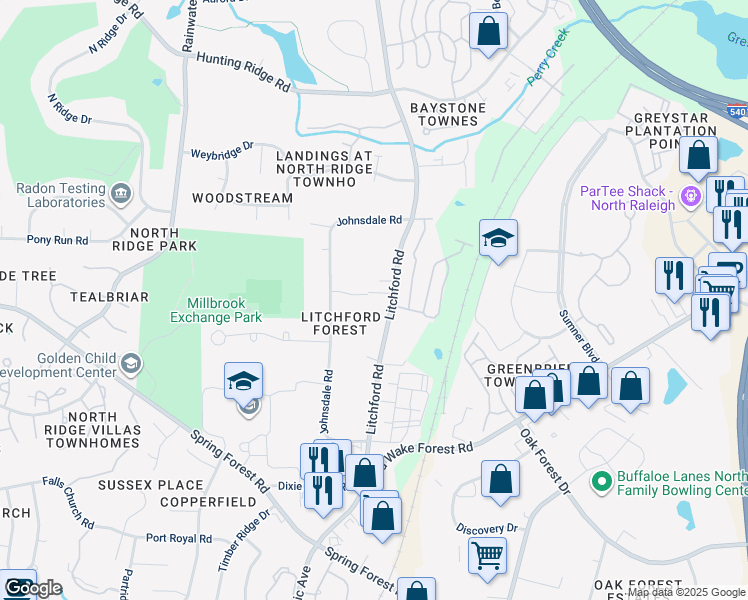 map of restaurants, bars, coffee shops, grocery stores, and more near 6513 Litchford Road in Raleigh