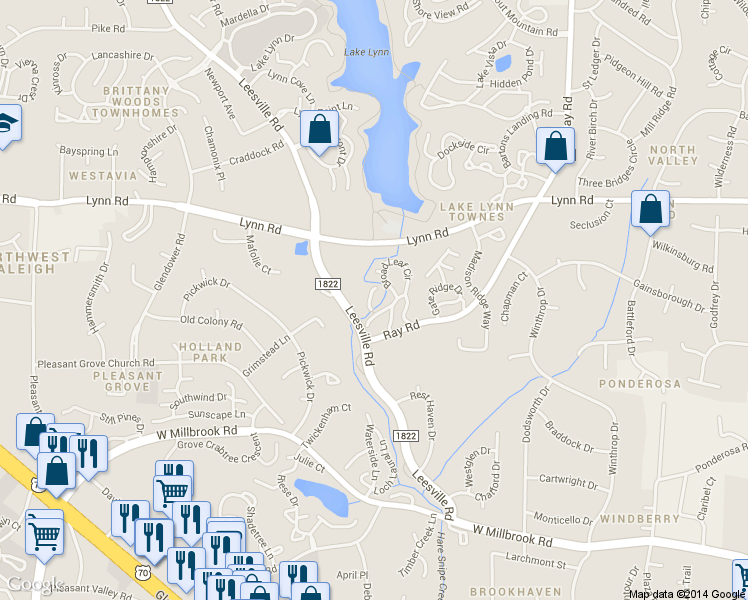 map of restaurants, bars, coffee shops, grocery stores, and more near 204 Oak Hollow Court in Raleigh