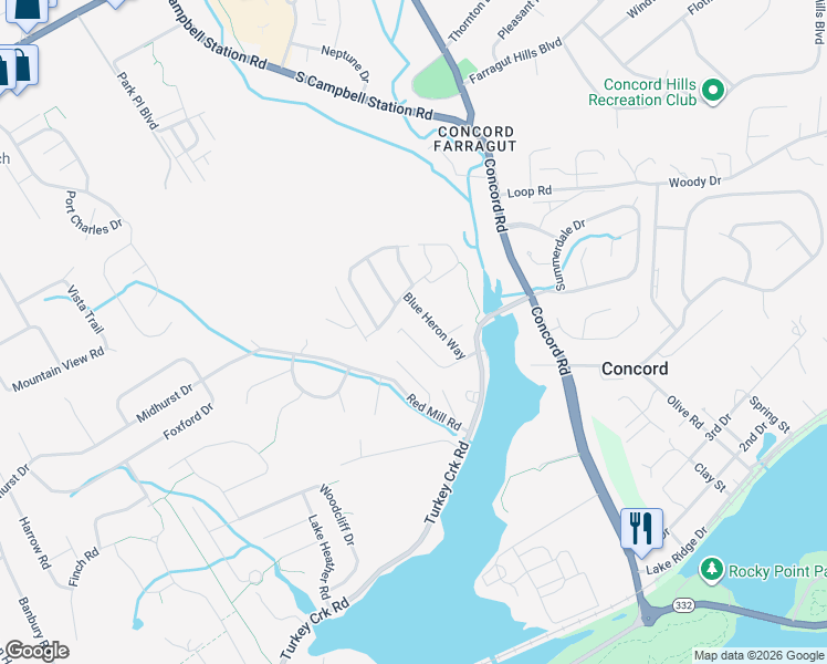 map of restaurants, bars, coffee shops, grocery stores, and more near 720 Harbor Way in Knoxville