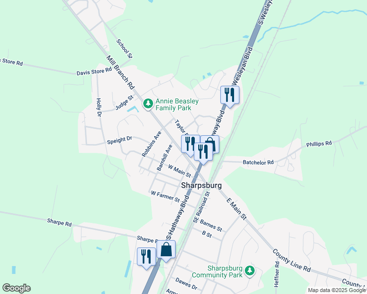map of restaurants, bars, coffee shops, grocery stores, and more near 301 South Taylor Street in Rocky Mount
