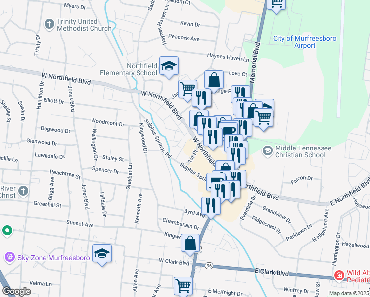 map of restaurants, bars, coffee shops, grocery stores, and more near 405 West Northfield Boulevard in Murfreesboro