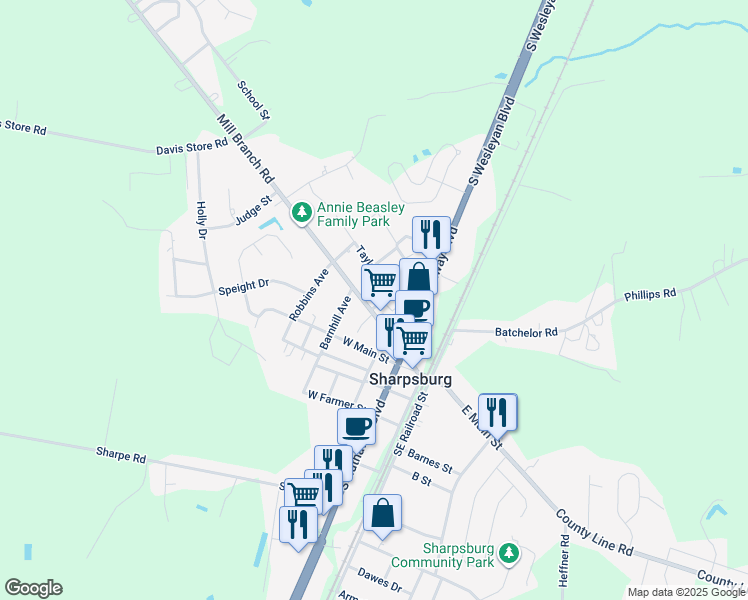 map of restaurants, bars, coffee shops, grocery stores, and more near 301 South Taylor Street in Rocky Mount