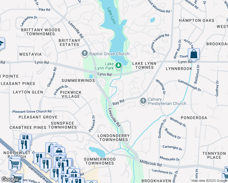 map of restaurants, bars, coffee shops, grocery stores, and more near 408 Oak Hollow Court in Raleigh