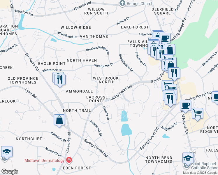 map of restaurants, bars, coffee shops, grocery stores, and more near 405 Robb Court in Raleigh
