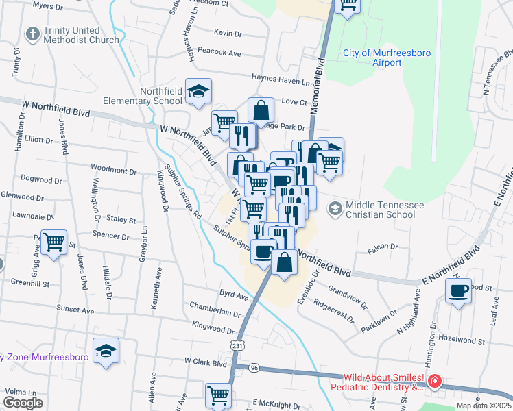 map of restaurants, bars, coffee shops, grocery stores, and more near 190 West Northfield Boulevard in Murfreesboro