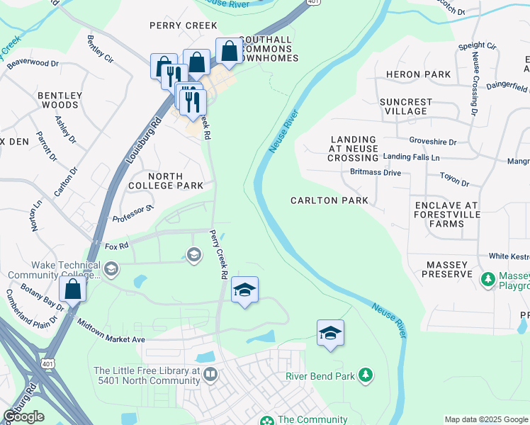 map of restaurants, bars, coffee shops, grocery stores, and more near 6880 Perry Creek Road in Raleigh