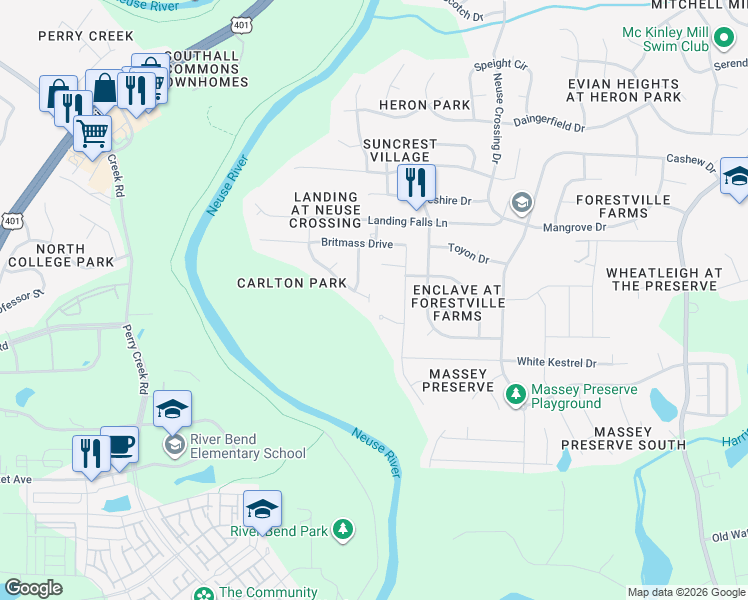 map of restaurants, bars, coffee shops, grocery stores, and more near 3501 Landshire View Lane in Raleigh
