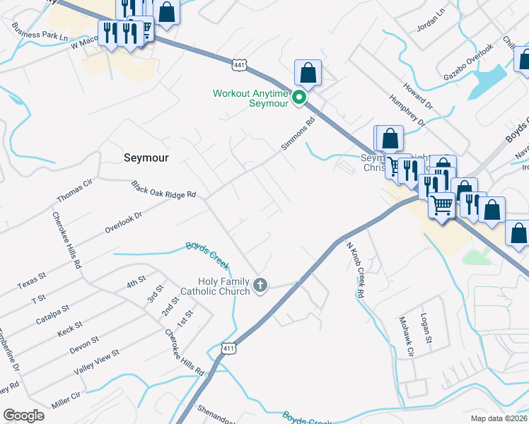 map of restaurants, bars, coffee shops, grocery stores, and more near 410 Black Oak Ridge Road in Seymour