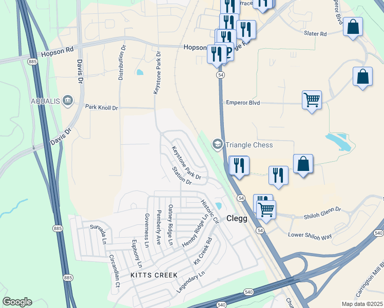 map of restaurants, bars, coffee shops, grocery stores, and more near 711 Keystone Park Drive in Morrisville