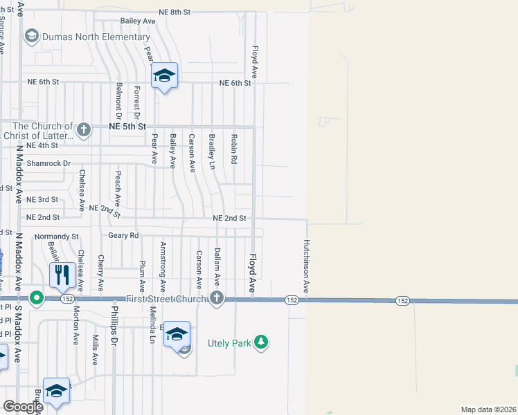 map of restaurants, bars, coffee shops, grocery stores, and more near 200-226 Floyd Ave in Dumas