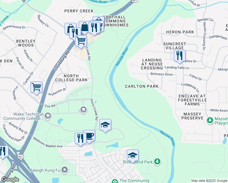 map of restaurants, bars, coffee shops, grocery stores, and more near 6880 Perry Creek Road in Raleigh