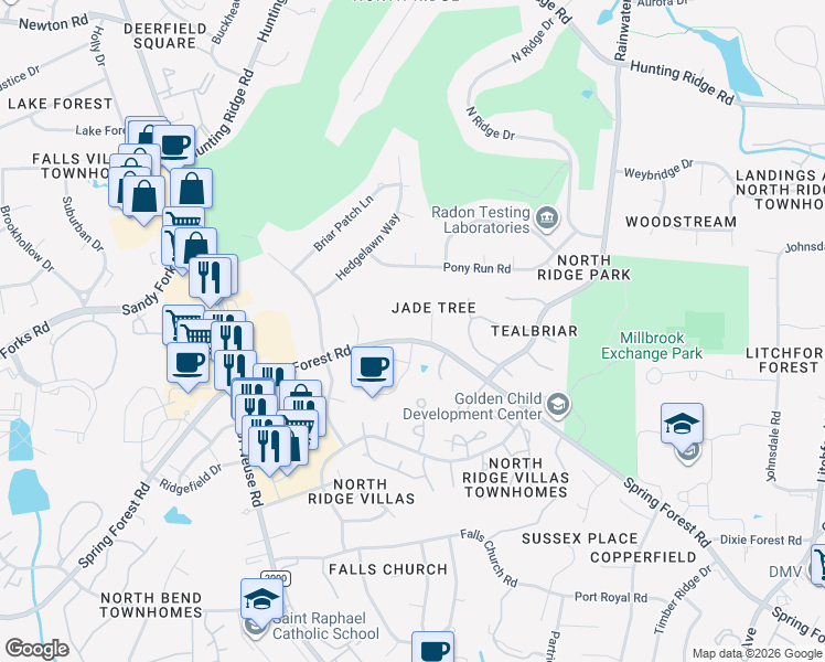 map of restaurants, bars, coffee shops, grocery stores, and more near 6444 Northwyck Place in Raleigh
