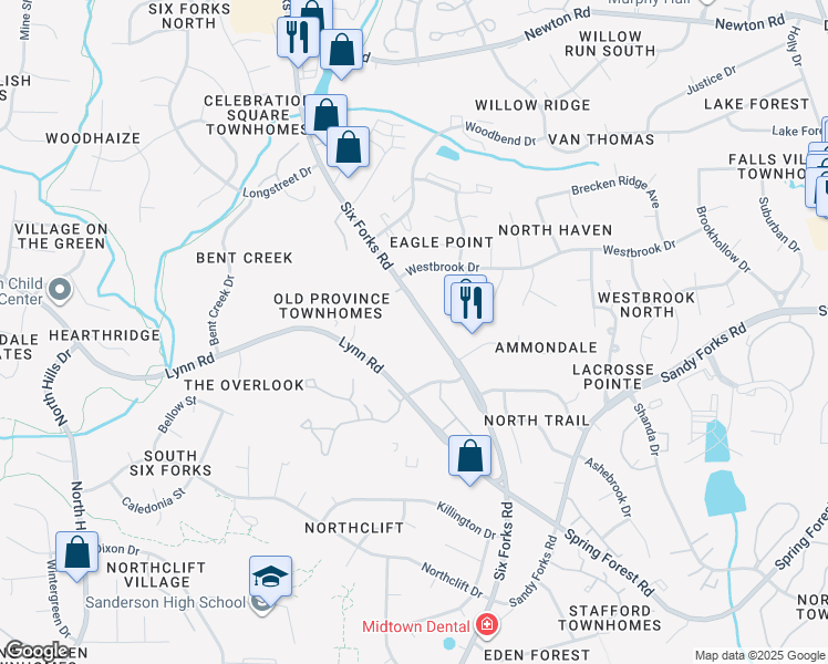 map of restaurants, bars, coffee shops, grocery stores, and more near 6601 Six Forks Road in Raleigh