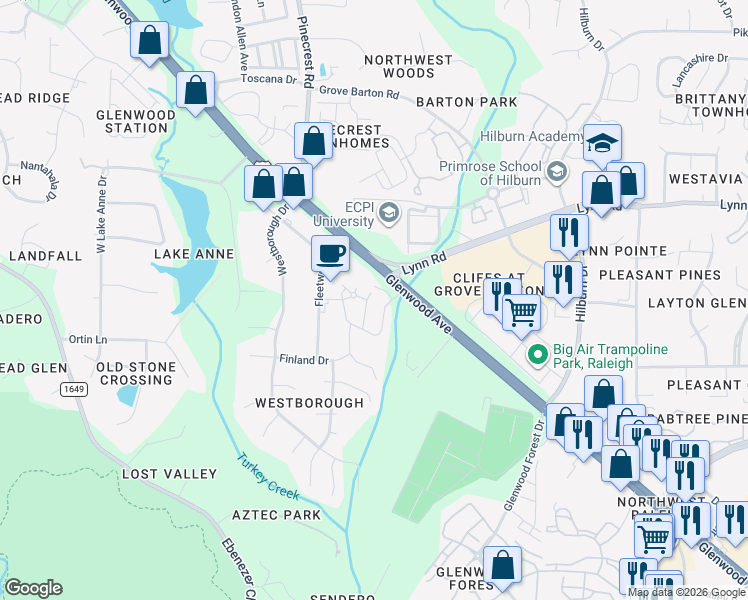 map of restaurants, bars, coffee shops, grocery stores, and more near 6424 Swatner Drive in Raleigh