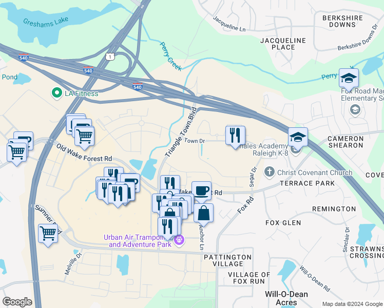 map of restaurants, bars, coffee shops, grocery stores, and more near 7810 Town Drive in Raleigh