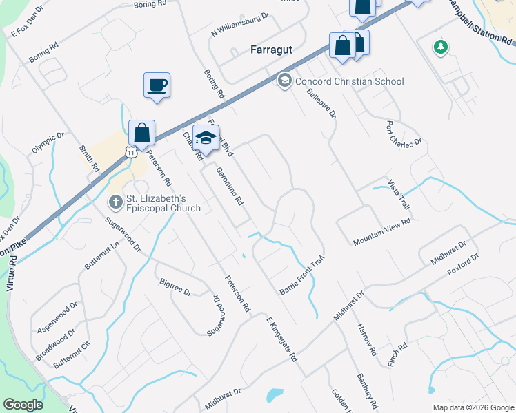 map of restaurants, bars, coffee shops, grocery stores, and more near 240 Geronimo Road in Farragut