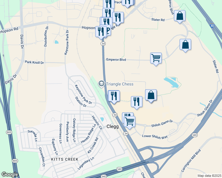 map of restaurants, bars, coffee shops, grocery stores, and more near 5927 South Miami Boulevard in Morrisville