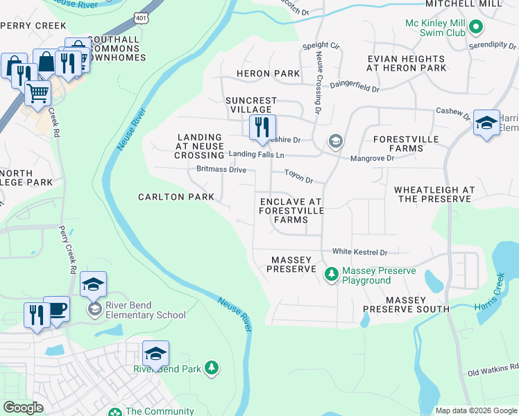 map of restaurants, bars, coffee shops, grocery stores, and more near 3605 Massey Ridge Court in Raleigh