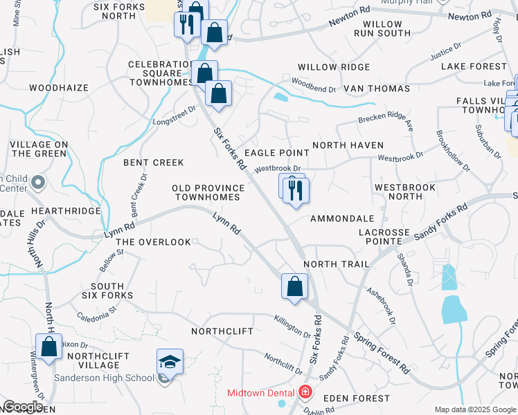 map of restaurants, bars, coffee shops, grocery stores, and more near 6601 Six Forks Road in Raleigh